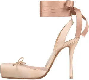 Meefit Satin Ballet Shoes Stiletto High Heels Closed Square Toe Ballerian Pumps with Bow Tie Lace Up Spring Heels