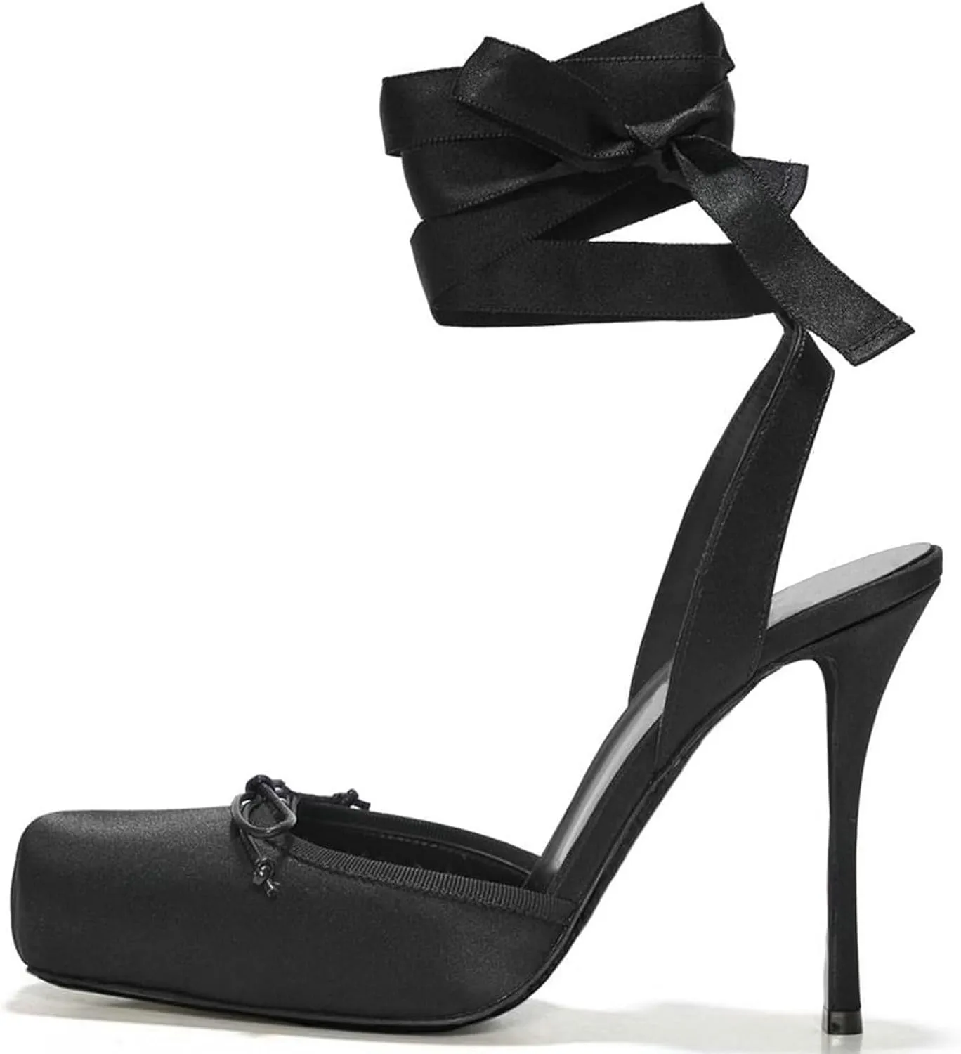 Meefit Satin Ballet Shoes Stiletto High Heels Closed Square Toe Ballerian Pumps with Bow Tie Lace Up Spring Heels