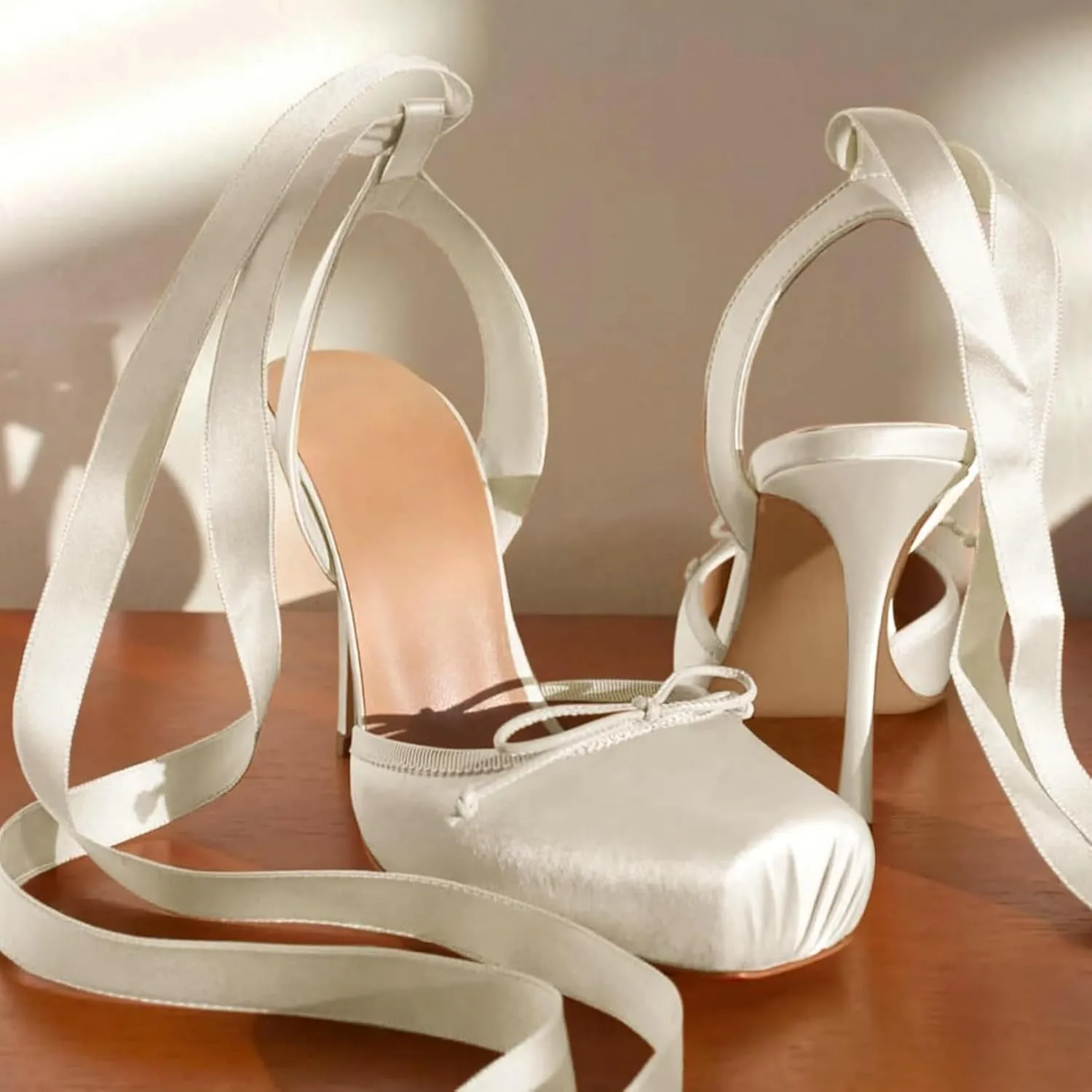 Meefit Satin Ballet Shoes Stiletto High Heels Closed Square Toe Ballerian Pumps with Bow Tie Lace Up Spring Heels