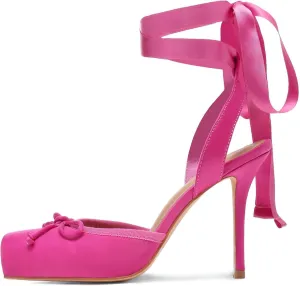 Meefit Satin Ballet Shoes Stiletto High Heels Closed Square Toe Ballerian Pumps with Bow Tie Lace Up Spring Heels