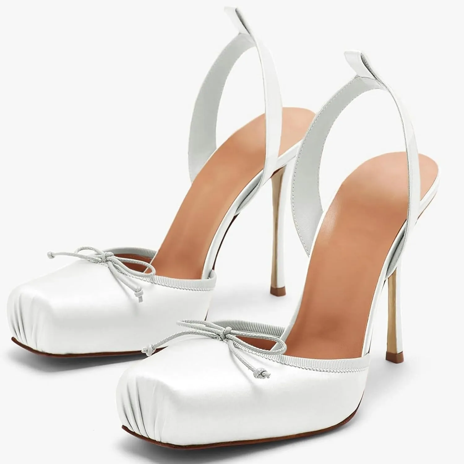 Meefit Satin Ballet Shoes Stiletto High Heels Closed Square Toe Ballerian Pumps with Bow Tie Lace Up Spring Heels