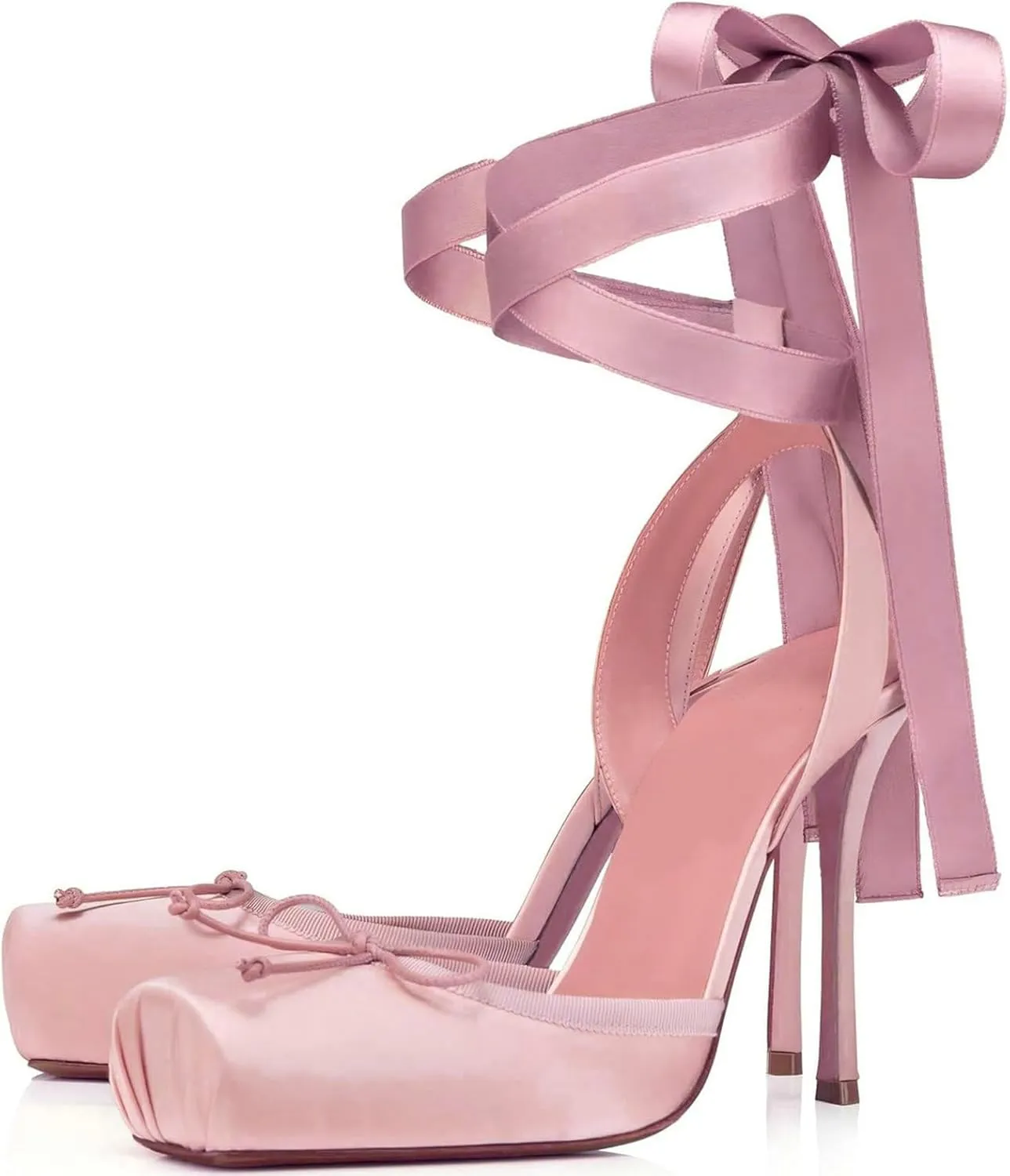 Meefit Satin Ballet Shoes Stiletto High Heels Closed Square Toe Ballerian Pumps with Bow Tie Lace Up Spring Heels