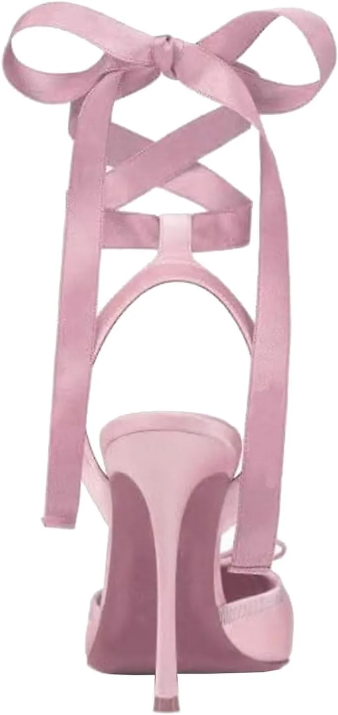 Meefit Satin Ballet Shoes Stiletto High Heels Closed Square Toe Ballerian Pumps with Bow Tie Lace Up Spring Heels