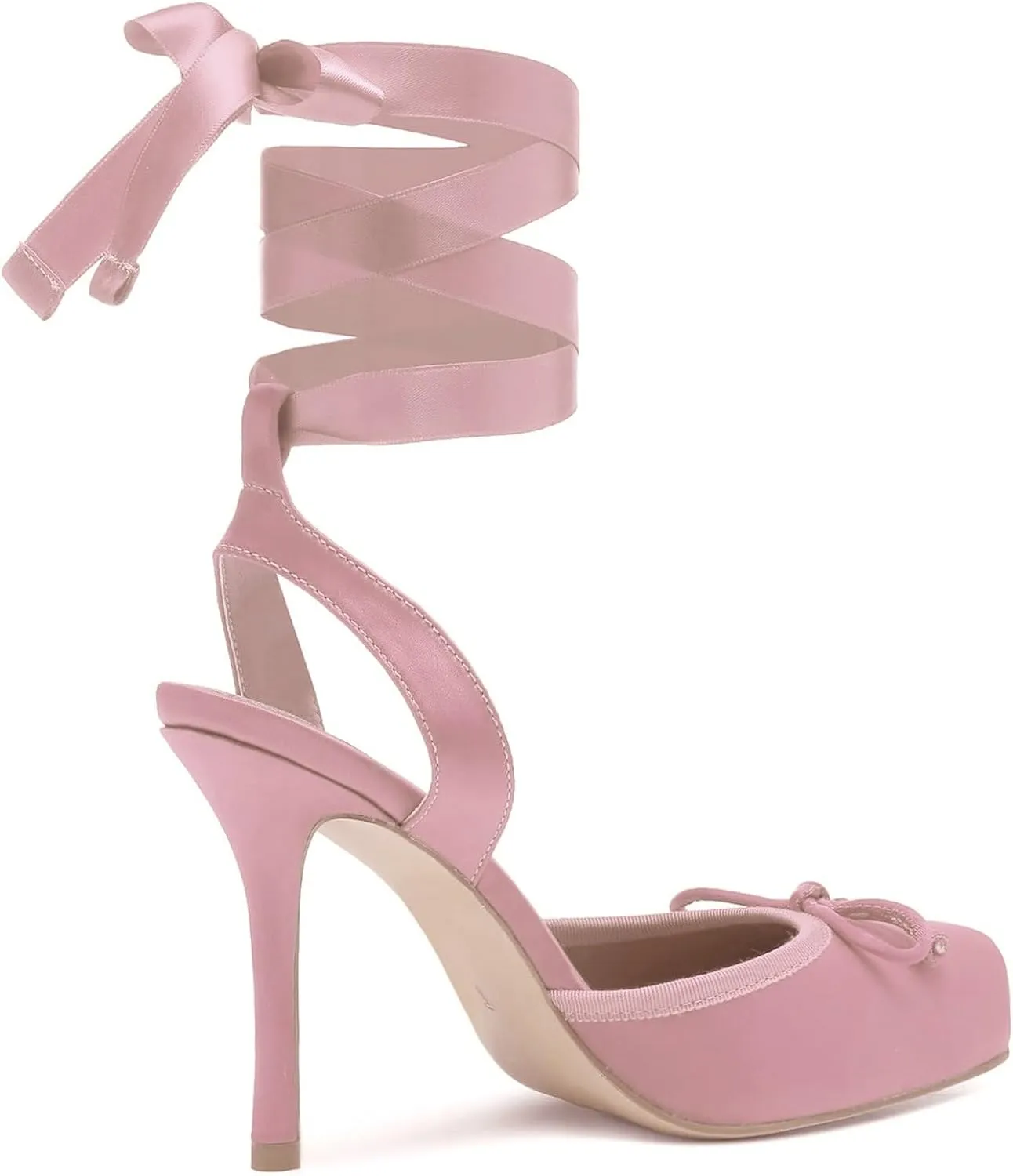 Meefit Satin Ballet Shoes Stiletto High Heels Closed Square Toe Ballerian Pumps with Bow Tie Lace Up Spring Heels