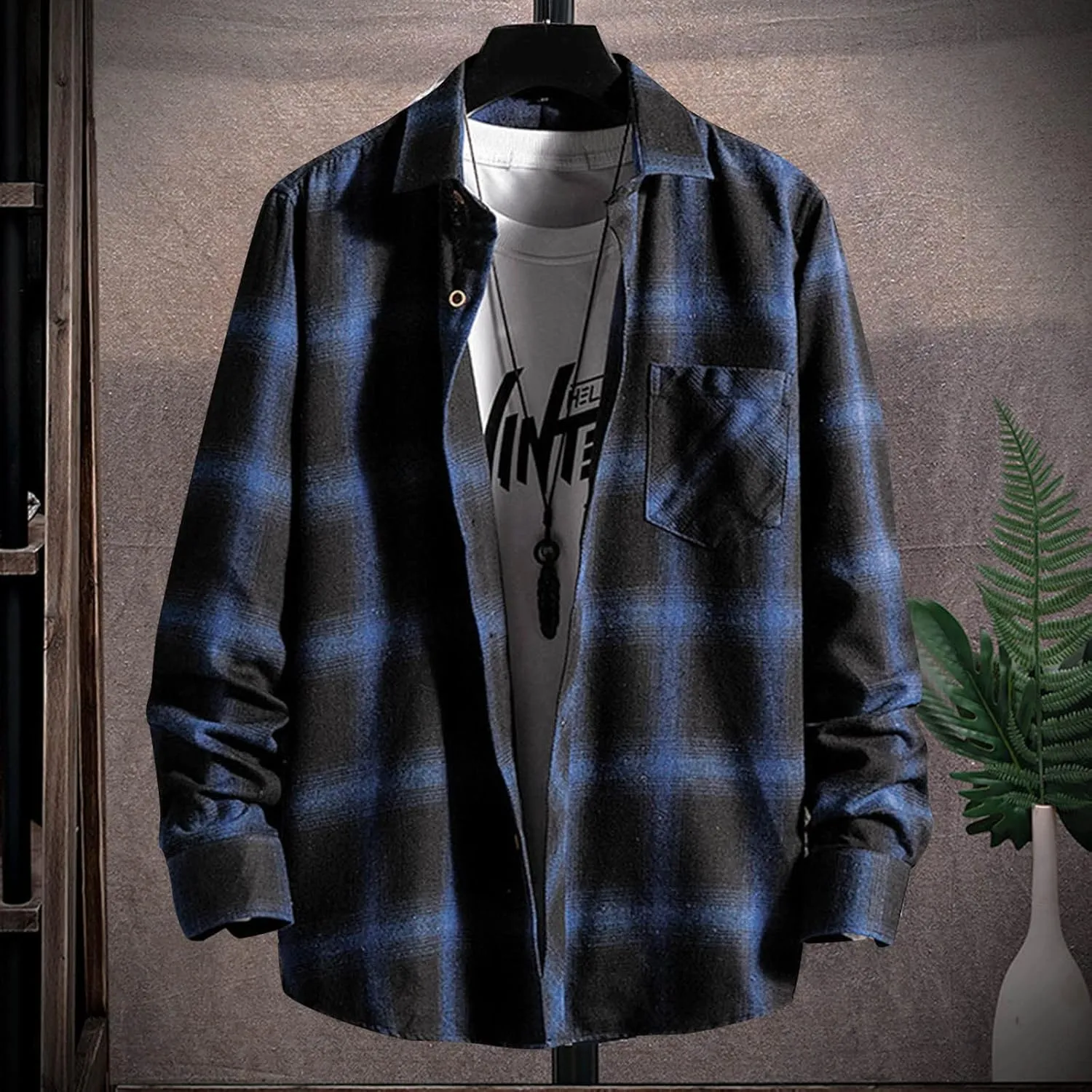 Men's Plaid Hooded Shirts Square Printing Lightweight Breathable Long Sleeve Lapel Men Plus Size Big&Tall Mens with