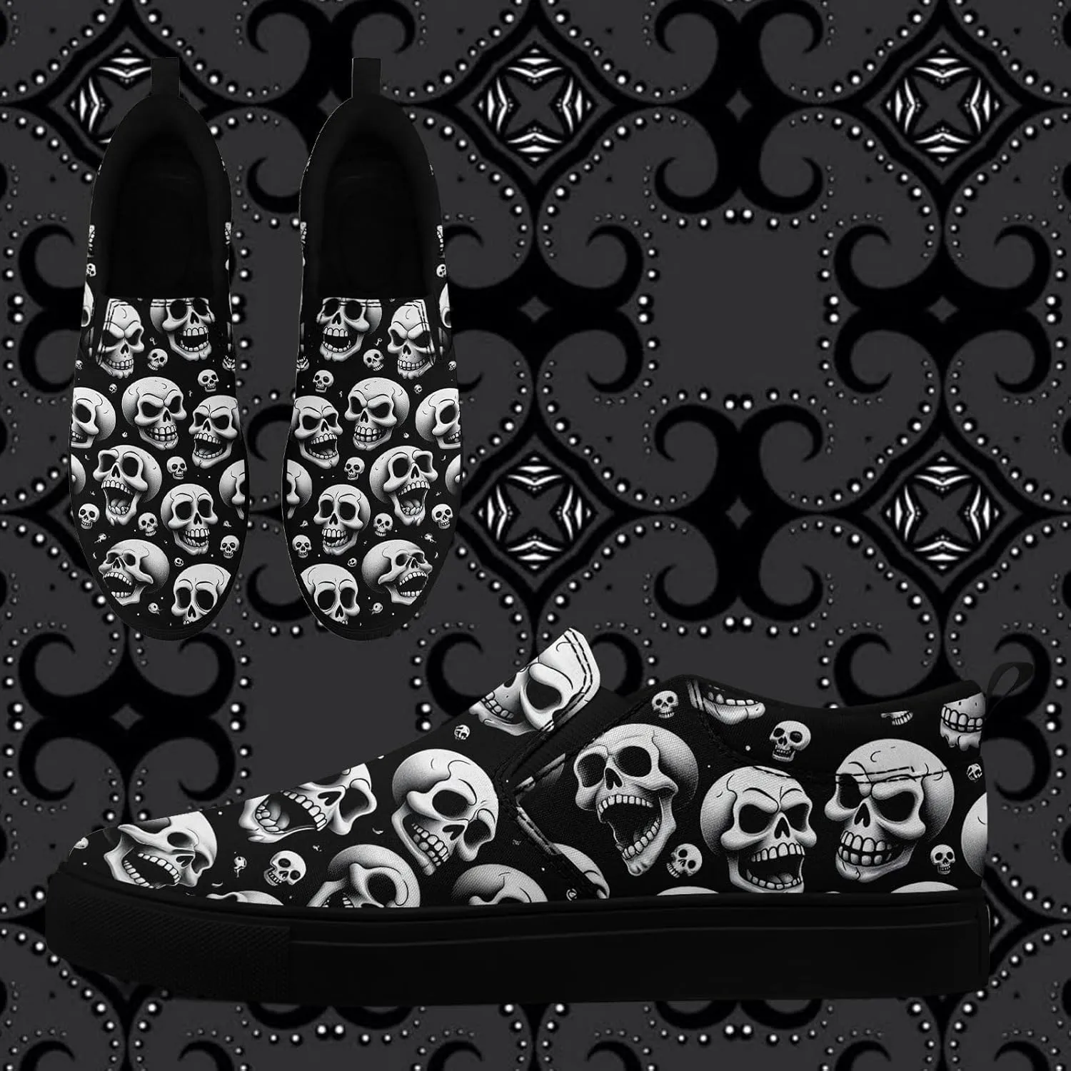 Men's Slip-On Canvas Shoes Gothic Skull Print Casual Lightweight Loafers Comfortable Walking Sneaker for Women