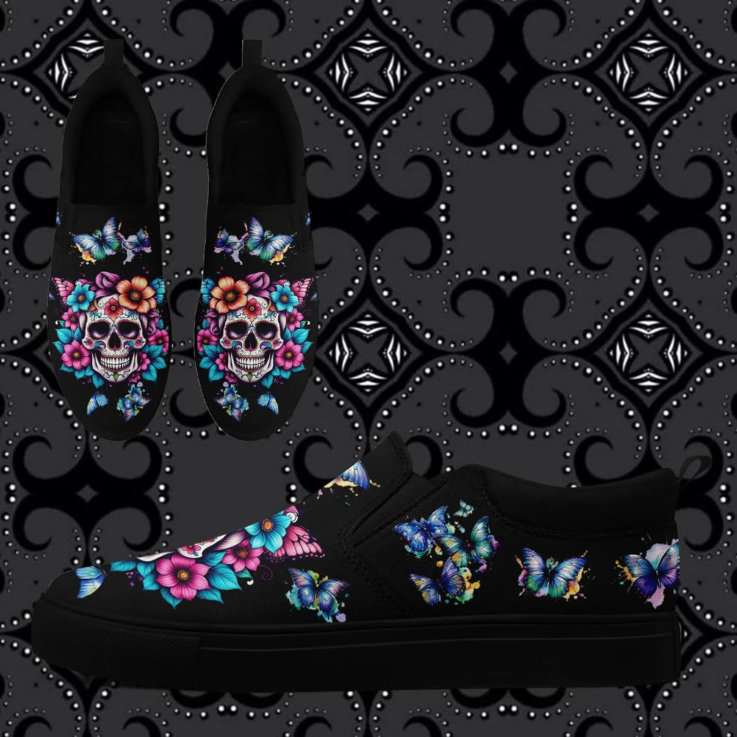Men's Slip-On Canvas Shoes Gothic Skull Print Casual Lightweight Loafers Comfortable Walking Sneaker for Women