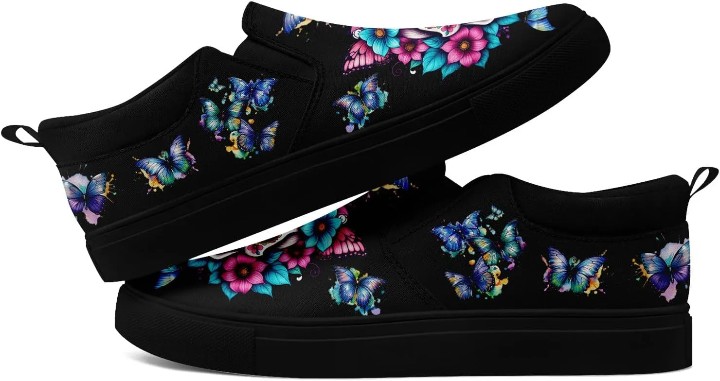 Men's Slip-On Canvas Shoes Gothic Skull Print Casual Lightweight Loafers Comfortable Walking Sneaker for Women