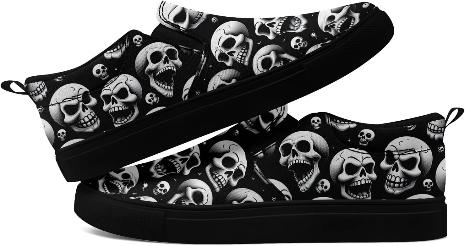 Men's Slip-On Canvas Shoes Gothic Skull Print Casual Lightweight Loafers Comfortable Walking Sneaker for Women