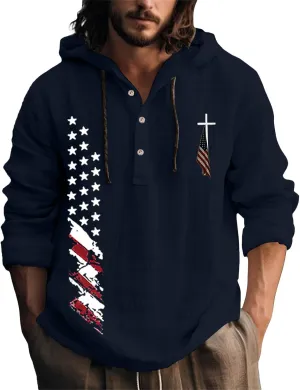 Men's USA Patriotic Linen Shirts Stylish Big and Tall Loose Hooded Pullover 3/4 Sleeve Lightweight Cotton Beach Tops