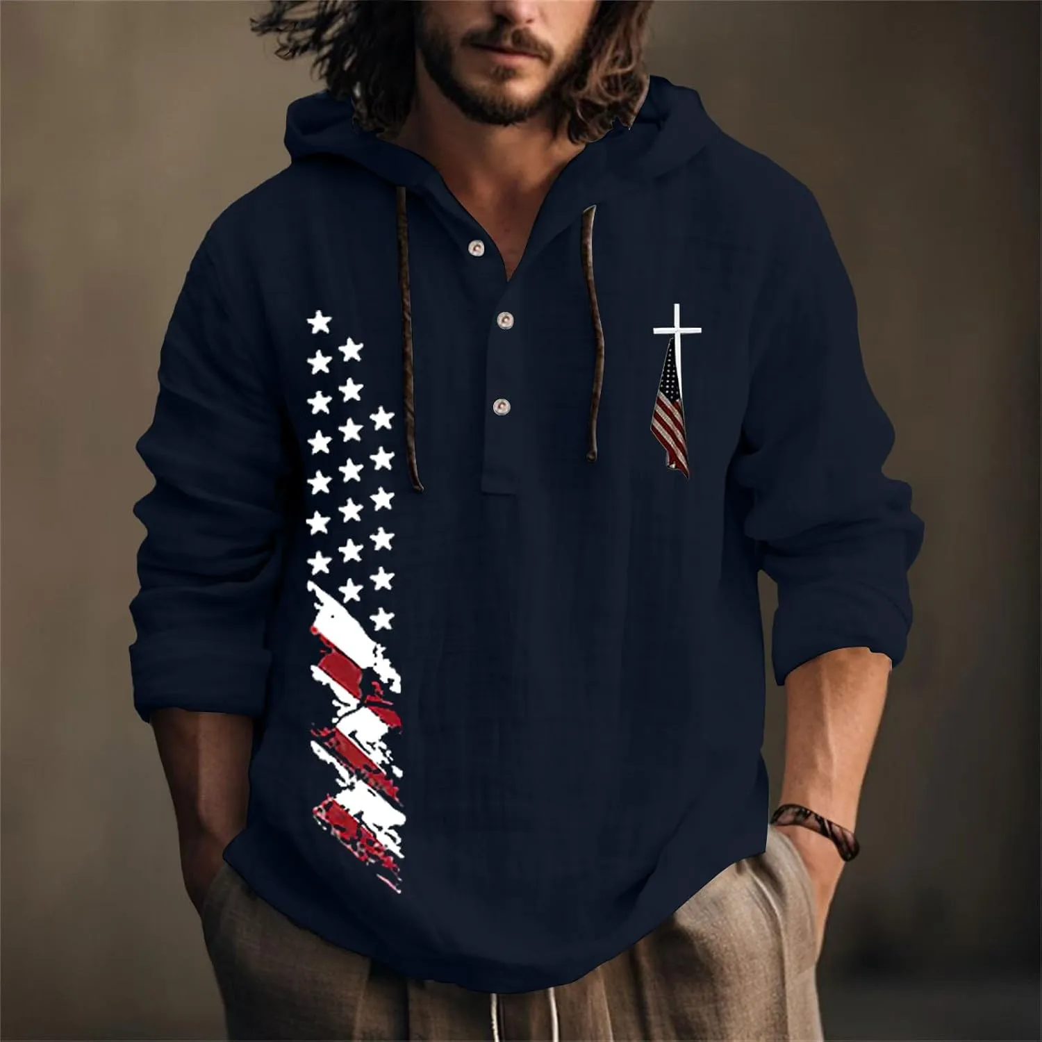Men's USA Patriotic Linen Shirts Stylish Big and Tall Loose Hooded Pullover 3/4 Sleeve Lightweight Cotton Beach Tops