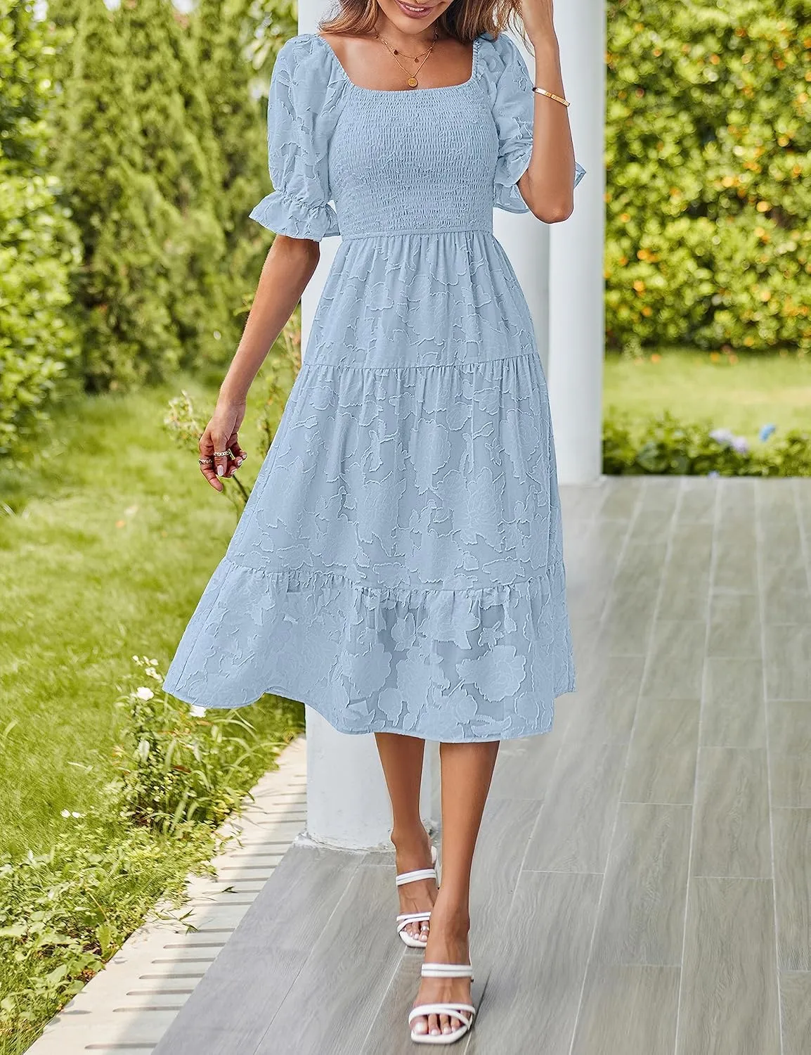MEROKEETY Womens 2025 Summer Short Puff Sleeve Smocked Square Neck Floral Textured Tiered Midi Dress