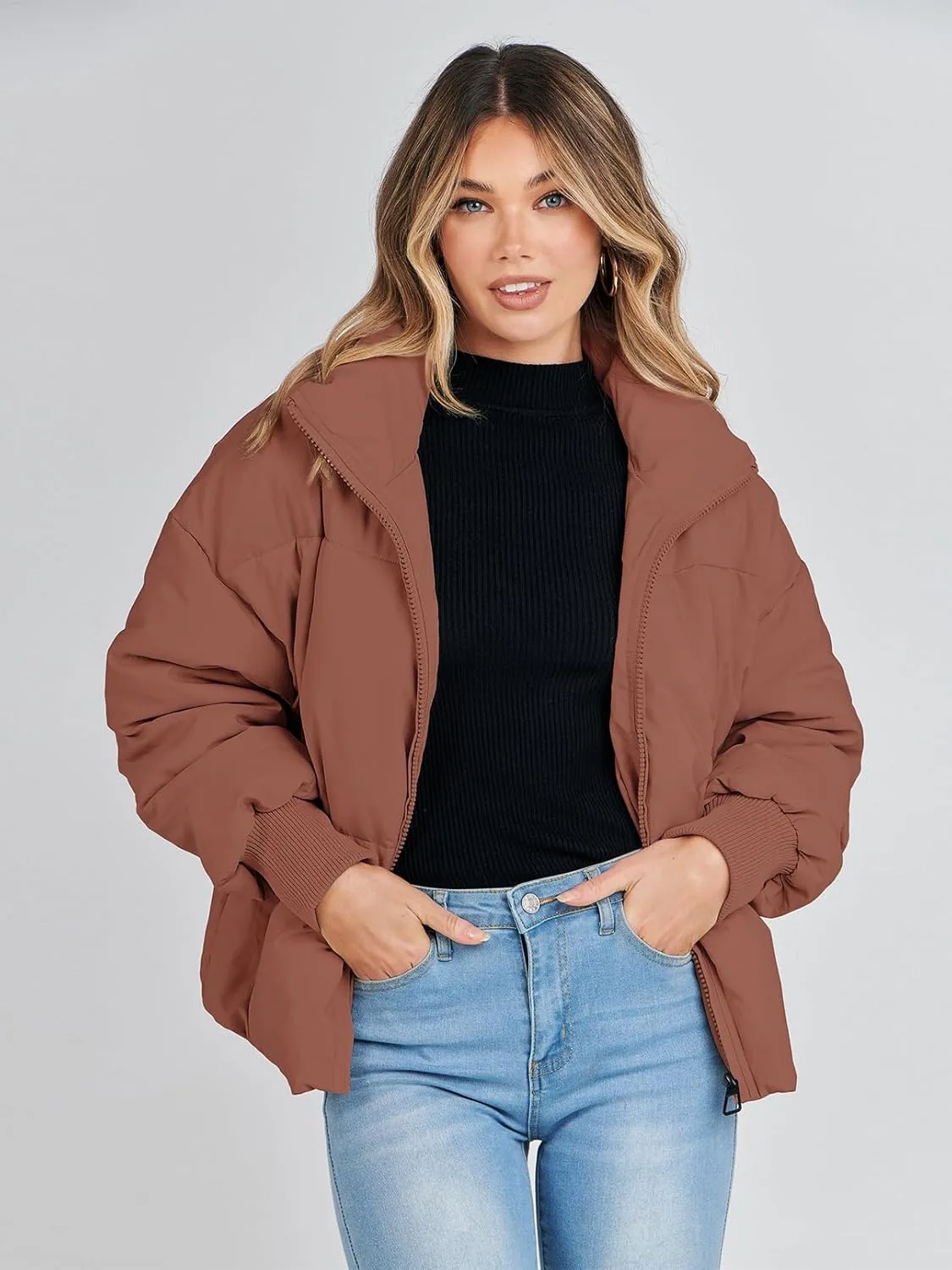 MEROKEETY Women's 2025 Winter Long Sleeve Zip Puffer Jacket Pockets Baggy Short Coats