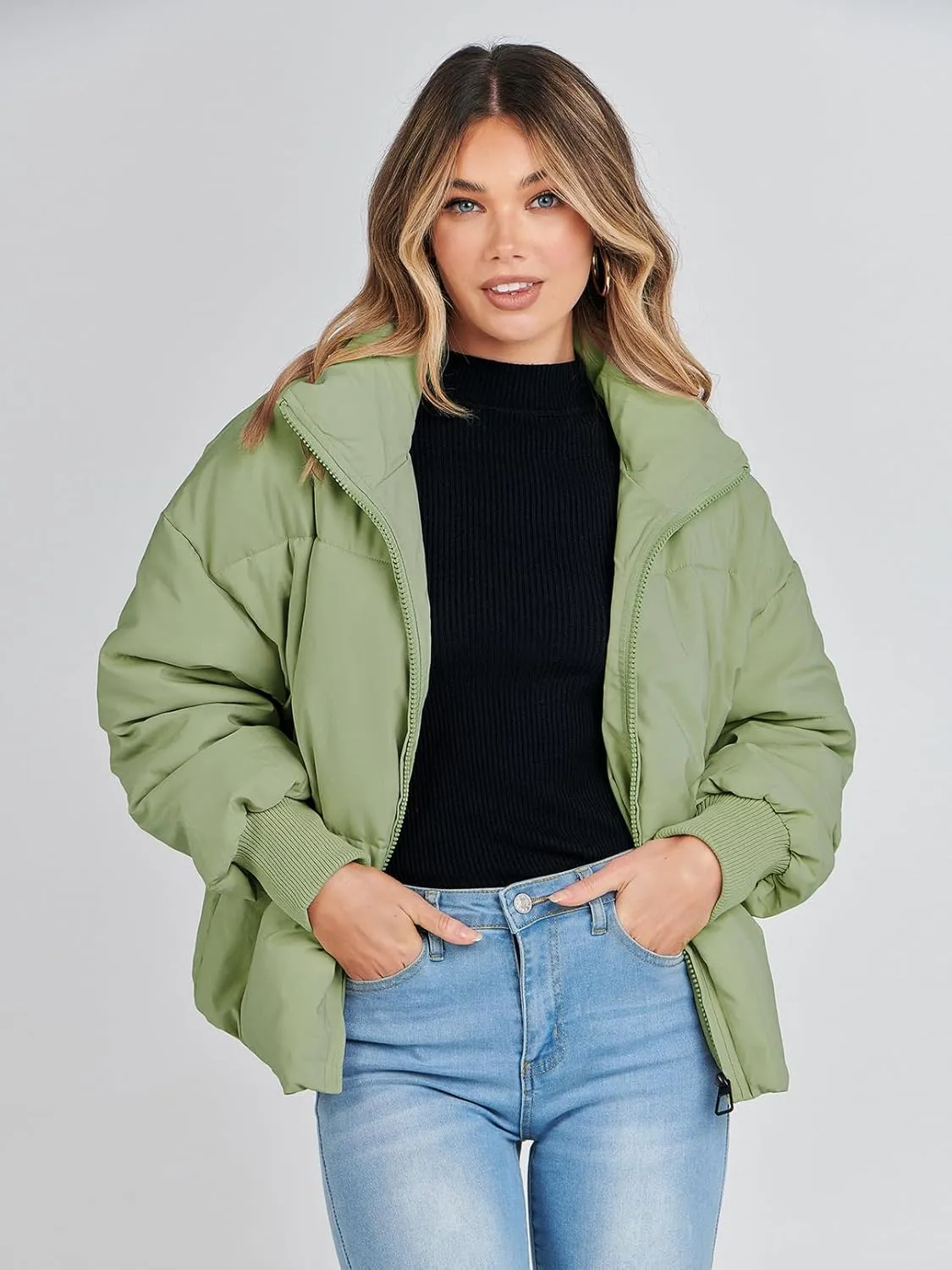 MEROKEETY Women's 2025 Winter Long Sleeve Zip Puffer Jacket Pockets Baggy Short Coats