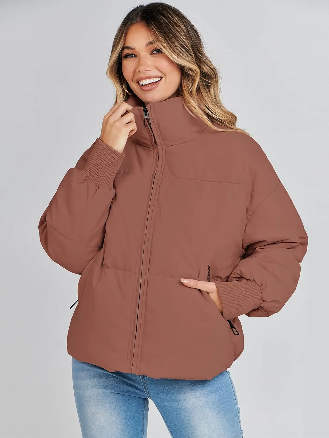 MEROKEETY Women's 2025 Winter Long Sleeve Zip Puffer Jacket Pockets Baggy Short Coats