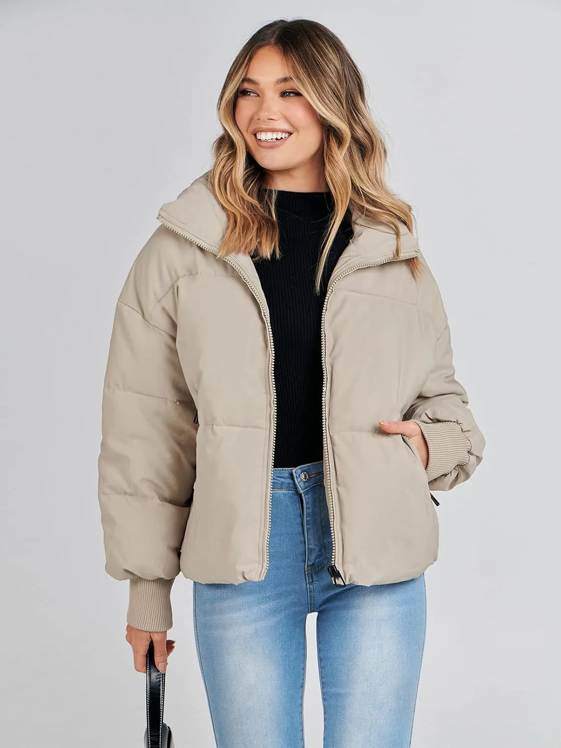 MEROKEETY Women's 2025 Winter Long Sleeve Zip Puffer Jacket Pockets Baggy Short Coats