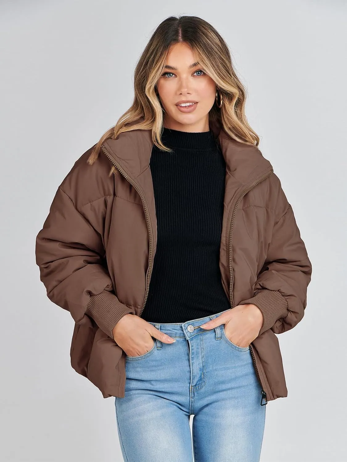 MEROKEETY Women's 2025 Winter Long Sleeve Zip Puffer Jacket Pockets Baggy Short Coats