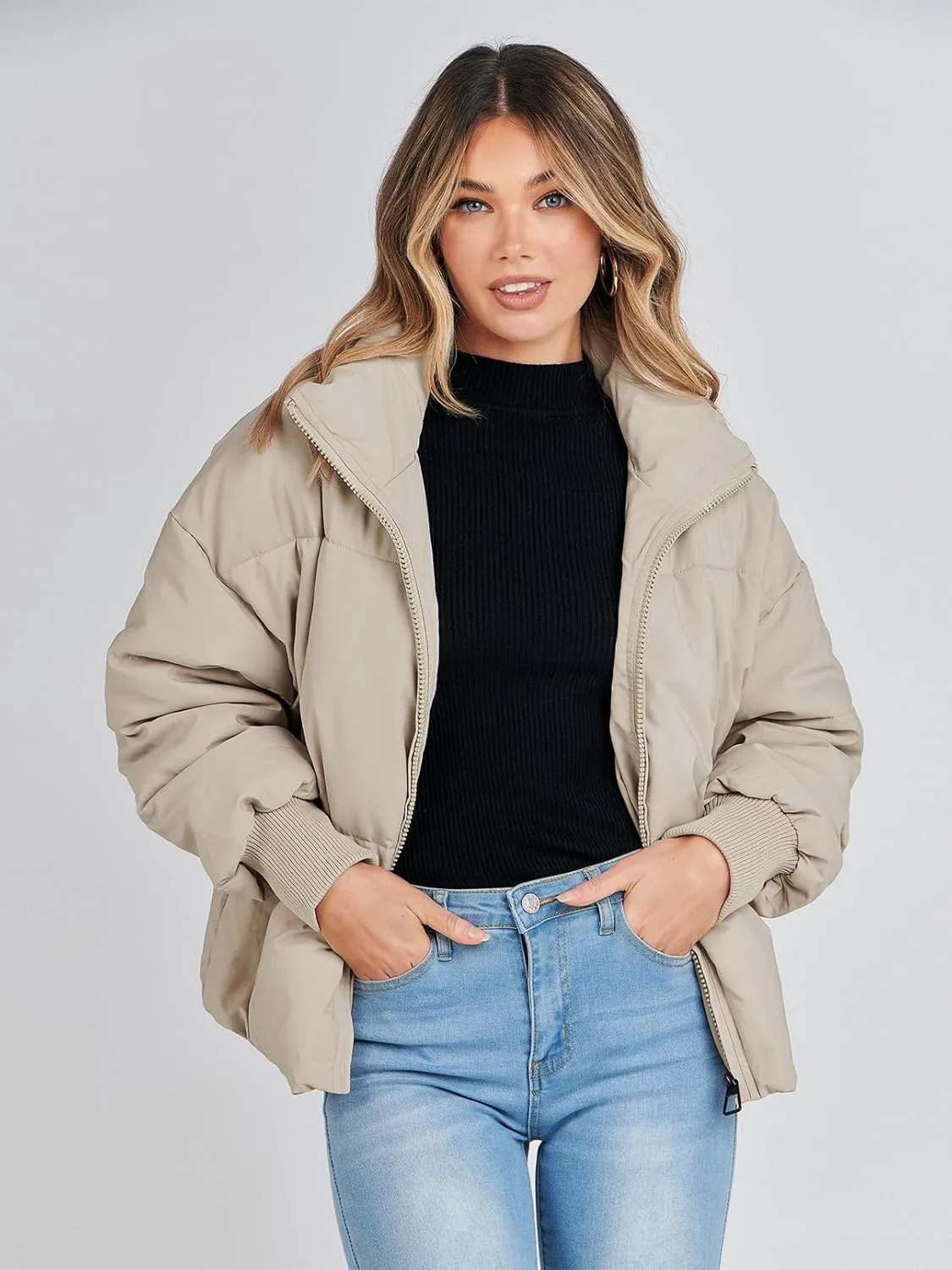MEROKEETY Women's 2025 Winter Long Sleeve Zip Puffer Jacket Pockets Baggy Short Coats