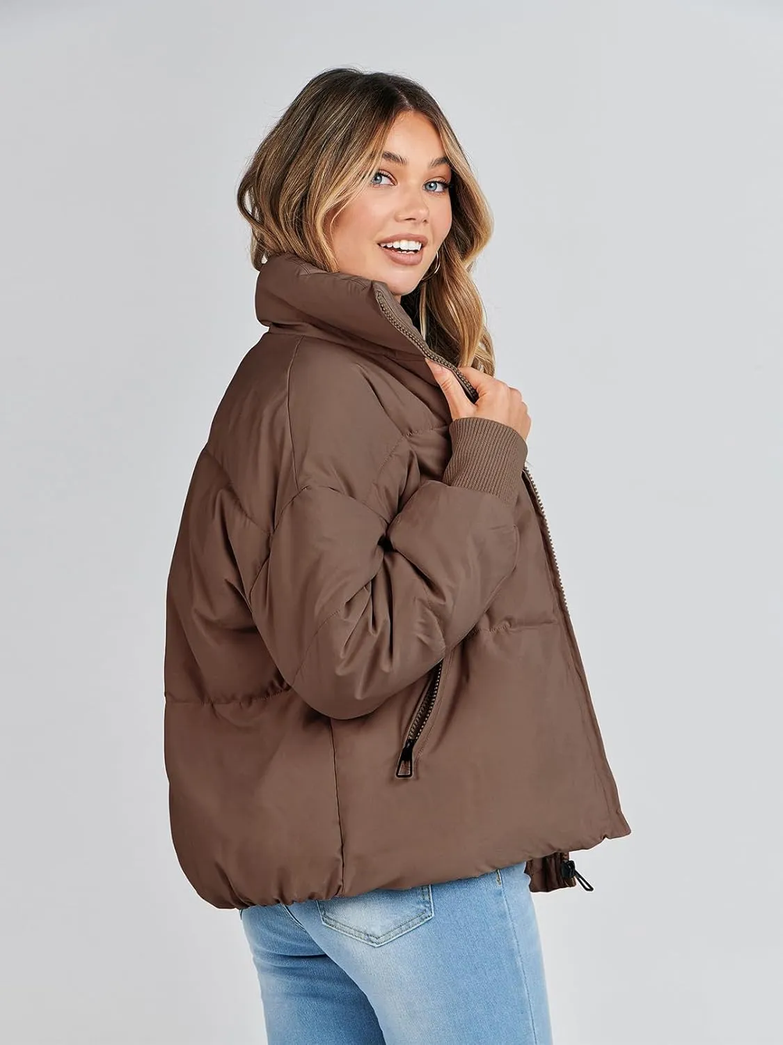 MEROKEETY Women's 2025 Winter Long Sleeve Zip Puffer Jacket Pockets Baggy Short Coats