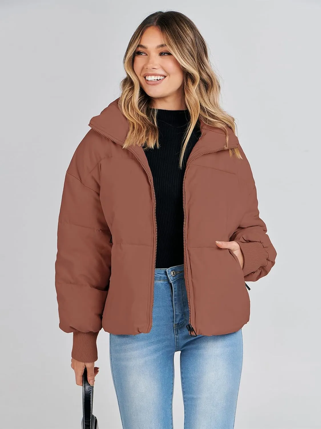 MEROKEETY Women's 2025 Winter Long Sleeve Zip Puffer Jacket Pockets Baggy Short Coats