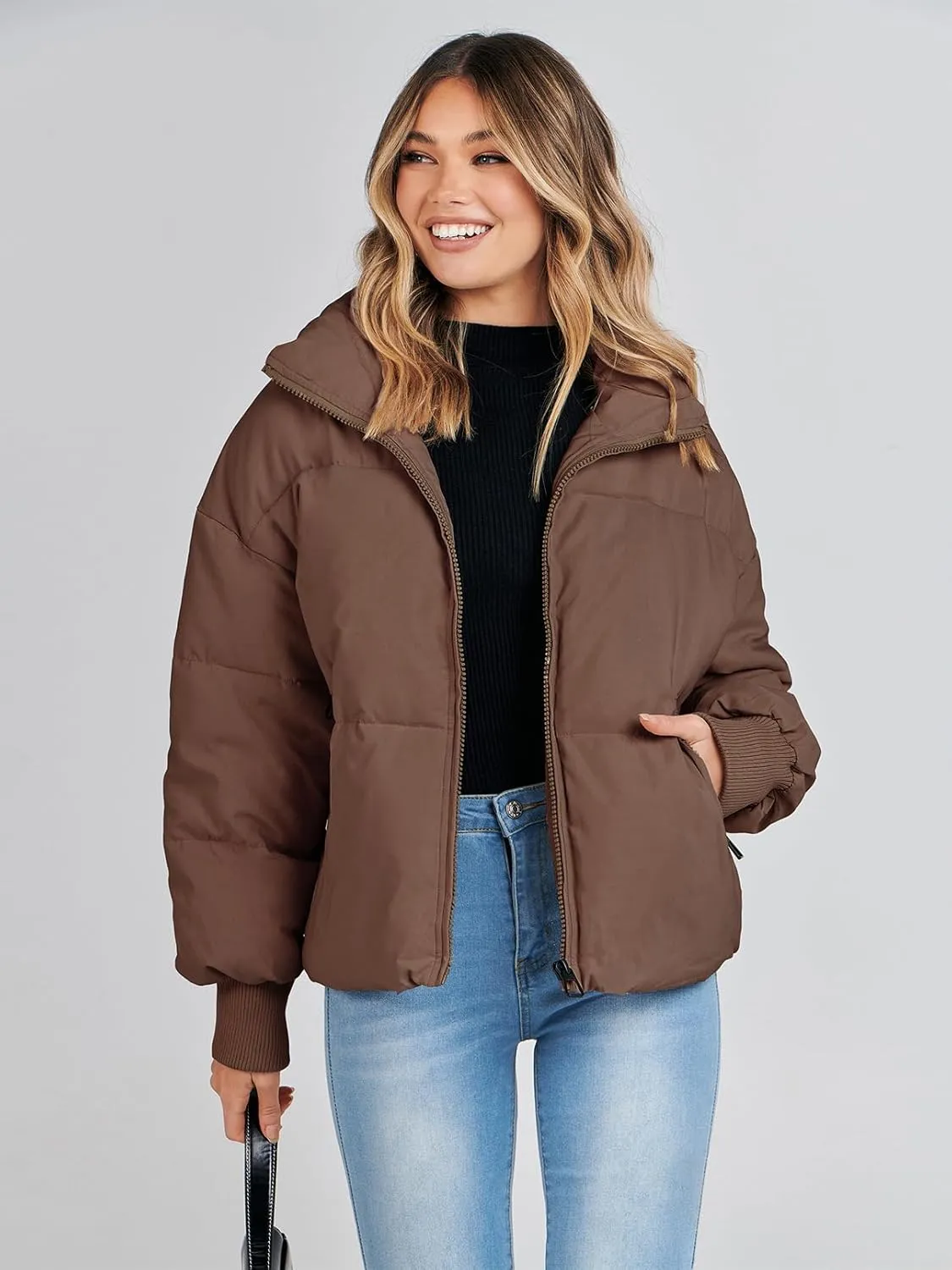 MEROKEETY Women's 2025 Winter Long Sleeve Zip Puffer Jacket Pockets Baggy Short Coats