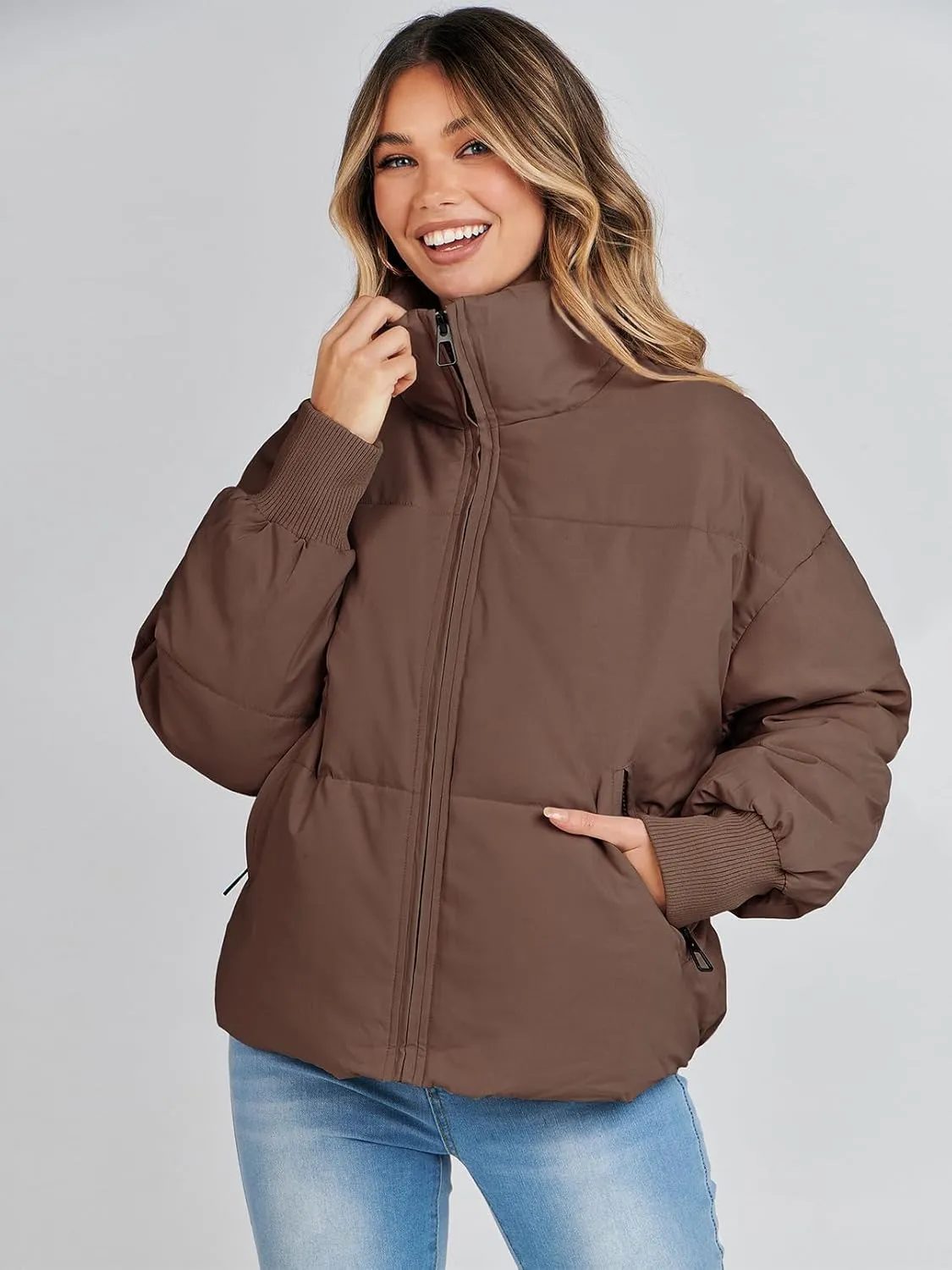 MEROKEETY Women's 2025 Winter Long Sleeve Zip Puffer Jacket Pockets Baggy Short Coats