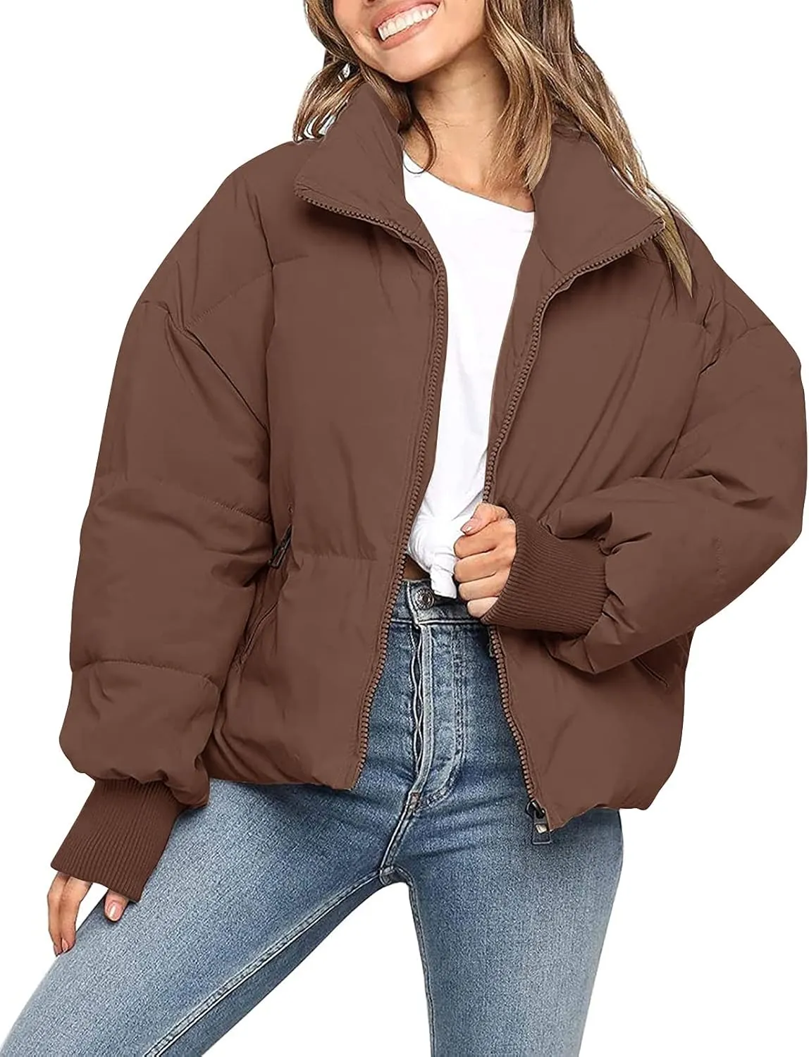 MEROKEETY Women's 2025 Winter Long Sleeve Zip Puffer Jacket Pockets Baggy Short Coats