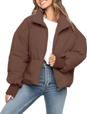 MEROKEETY Women's 2025 Winter Long Sleeve Zip Puffer Jacket Pockets Baggy Short Coats