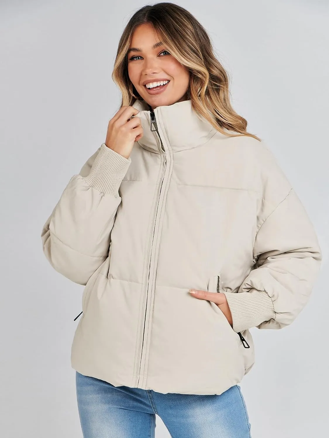 MEROKEETY Women's 2025 Winter Long Sleeve Zip Puffer Jacket Pockets Baggy Short Coats