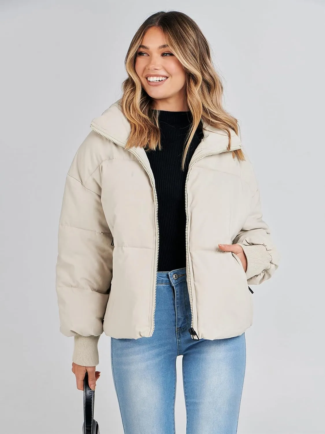 MEROKEETY Women's 2025 Winter Long Sleeve Zip Puffer Jacket Pockets Baggy Short Coats