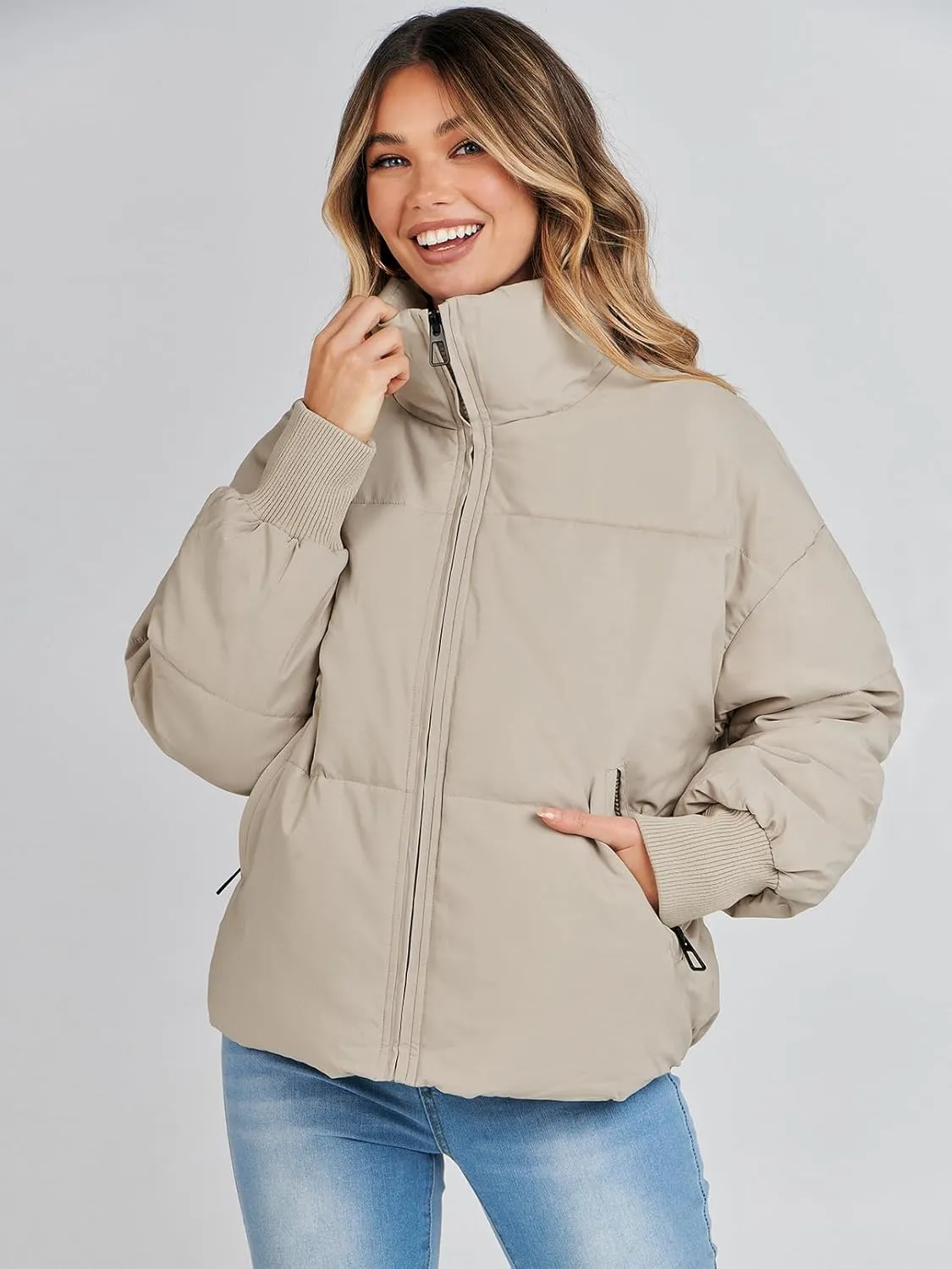 MEROKEETY Women's 2025 Winter Long Sleeve Zip Puffer Jacket Pockets Baggy Short Coats