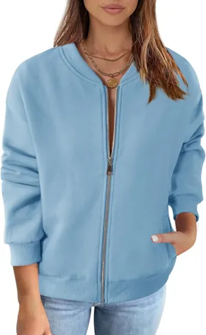 MEROKEETY Womens Long Sleeve Zip Up Sweatshirts Jackets Casual Loose Outwear with Pockets