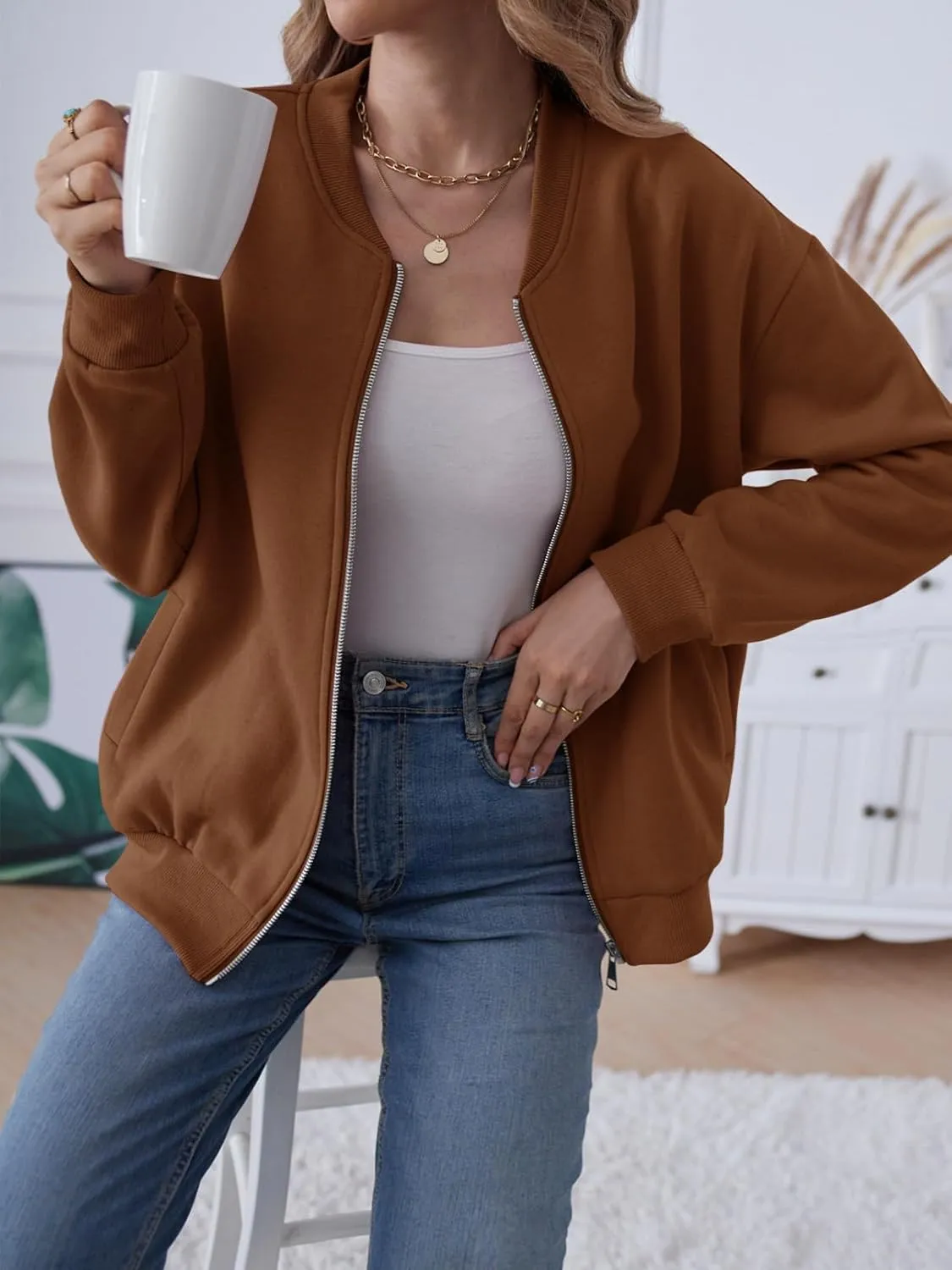 MEROKEETY Womens Long Sleeve Zip Up Sweatshirts Jackets Casual Loose Outwear with Pockets