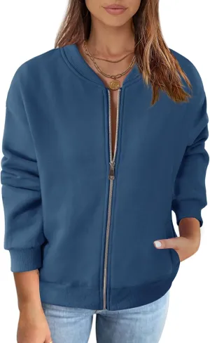 MEROKEETY Womens Long Sleeve Zip Up Sweatshirts Jackets Casual Loose Outwear with Pockets