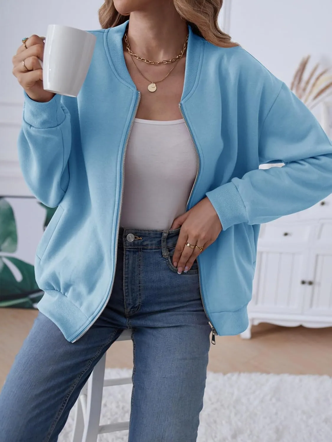 MEROKEETY Womens Long Sleeve Zip Up Sweatshirts Jackets Casual Loose Outwear with Pockets