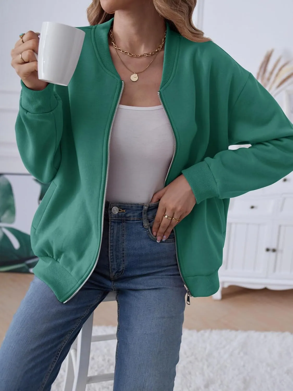 MEROKEETY Womens Long Sleeve Zip Up Sweatshirts Jackets Casual Loose Outwear with Pockets