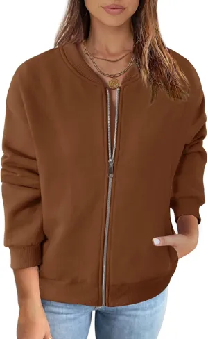 MEROKEETY Womens Long Sleeve Zip Up Sweatshirts Jackets Casual Loose Outwear with Pockets