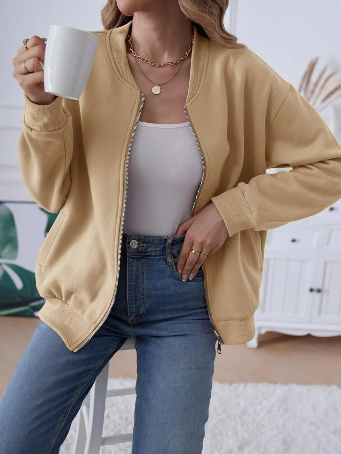 MEROKEETY Womens Long Sleeve Zip Up Sweatshirts Jackets Casual Loose Outwear with Pockets