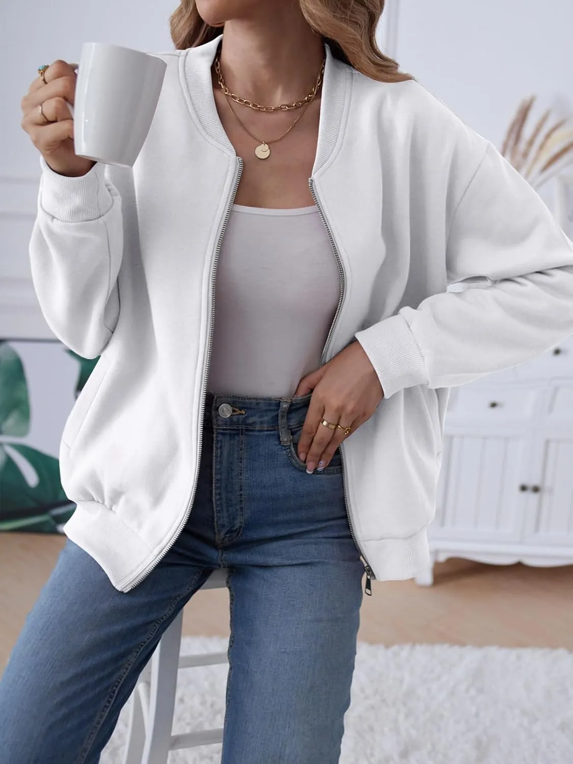MEROKEETY Womens Long Sleeve Zip Up Sweatshirts Jackets Casual Loose Outwear with Pockets