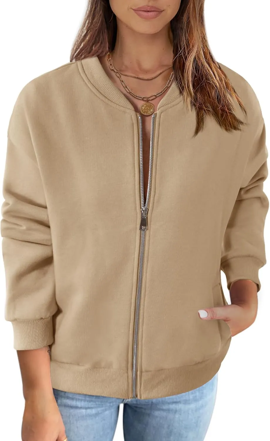 MEROKEETY Womens Long Sleeve Zip Up Sweatshirts Jackets Casual Loose Outwear with Pockets