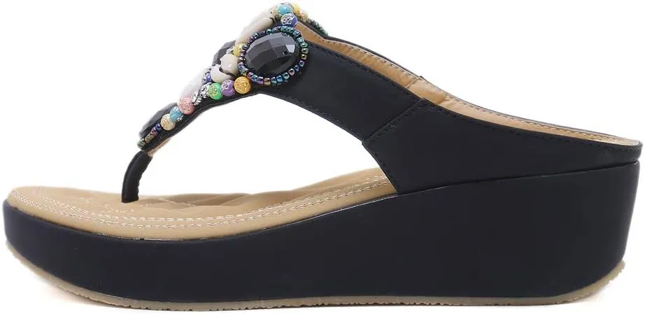 MIOKE Women's Bohemia Beaded Wedge Flipflops Sandals T-strap Summer Slip On Comfort Beach Platform Thong
