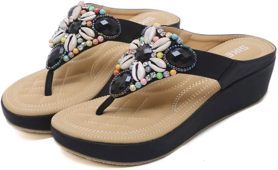 MIOKE Women's Bohemia Beaded Wedge Flipflops Sandals T-strap Summer Slip On Comfort Beach Platform Thong