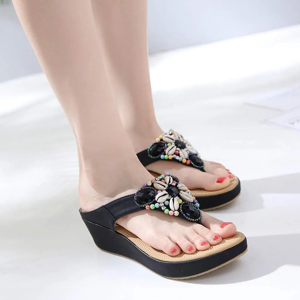 MIOKE Women's Bohemia Beaded Wedge Flipflops Sandals T-strap Summer Slip On Comfort Beach Platform Thong