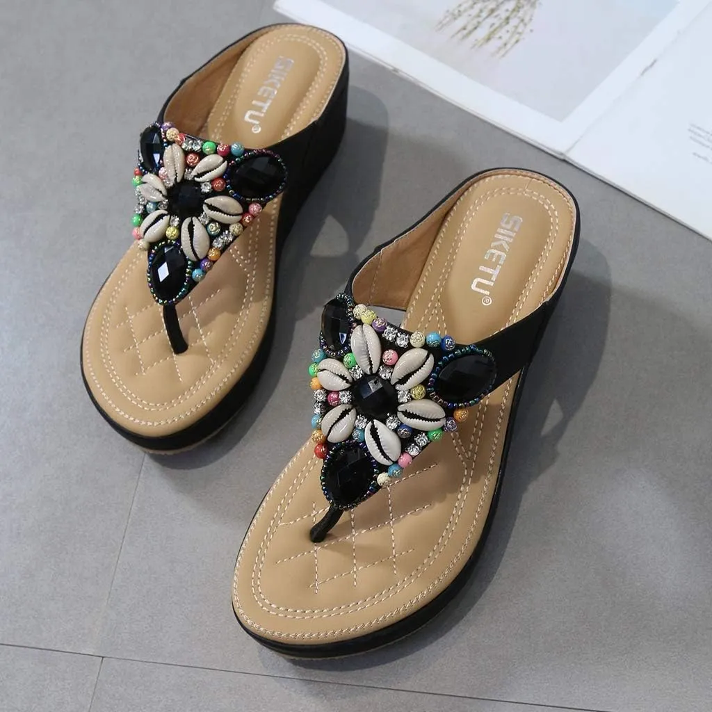 MIOKE Women's Bohemia Beaded Wedge Flipflops Sandals T-strap Summer Slip On Comfort Beach Platform Thong
