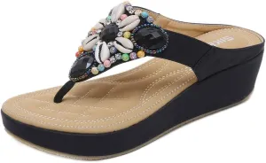 MIOKE Women's Bohemia Beaded Wedge Flipflops Sandals T-strap Summer Slip On Comfort Beach Platform Thong