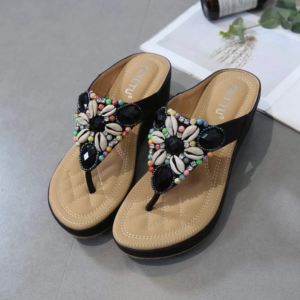 MIOKE Women's Bohemia Beaded Wedge Flipflops Sandals T-strap Summer Slip On Comfort Beach Platform Thong