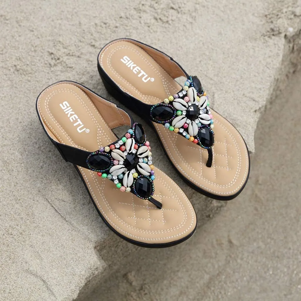 MIOKE Women's Bohemia Beaded Wedge Flipflops Sandals T-strap Summer Slip On Comfort Beach Platform Thong