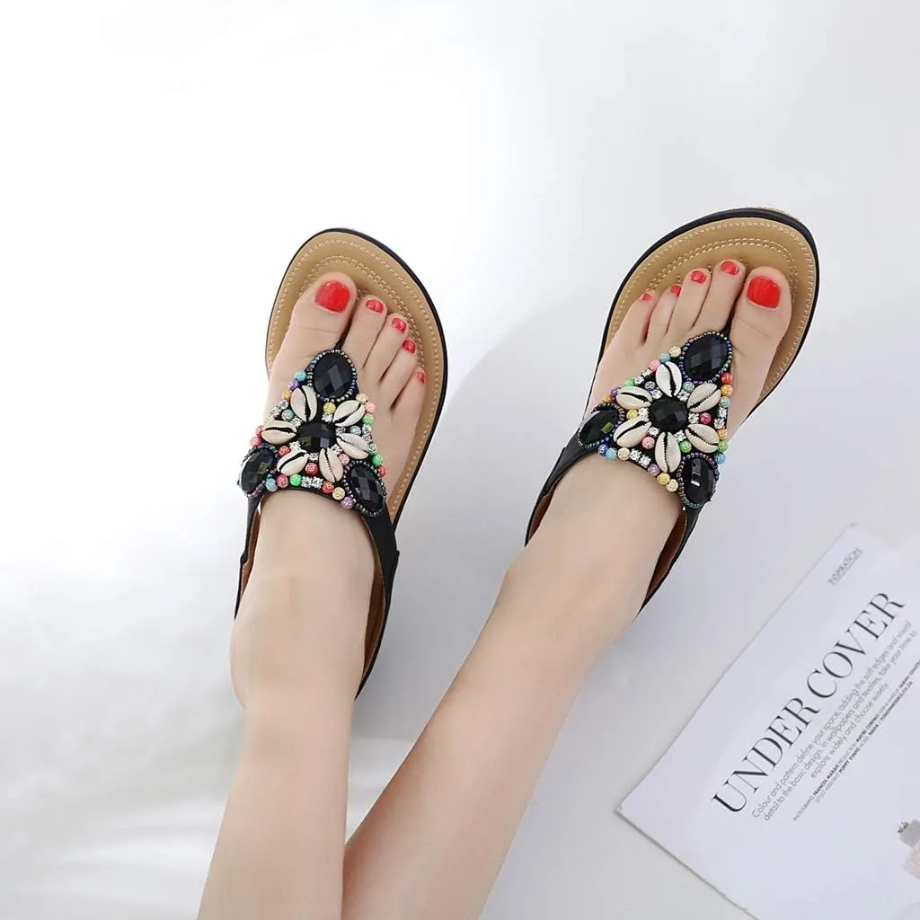 MIOKE Women's Bohemia Beaded Wedge Flipflops Sandals T-strap Summer Slip On Comfort Beach Platform Thong