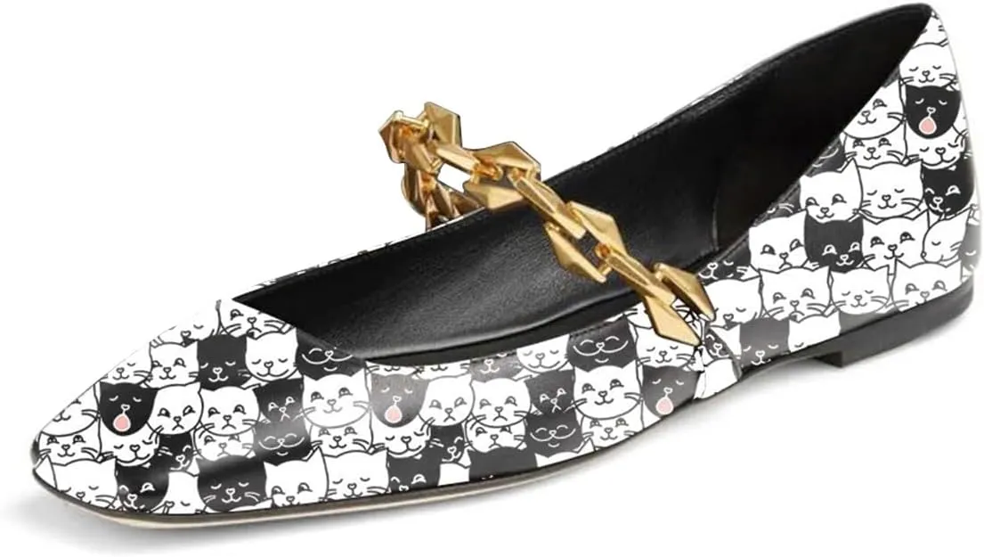 miss left Women Comfy Chain Strap Mary Janes Shoes Slip On Closed Square Toe Ballet Flats for Walking School Dressy Size 4-16 US