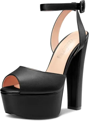 NobleOnly Womens High Block Platform Heel Peep Toe Ankle Strap Sandals Buckle Prom Dress Shoes 5.9 Inches Heels